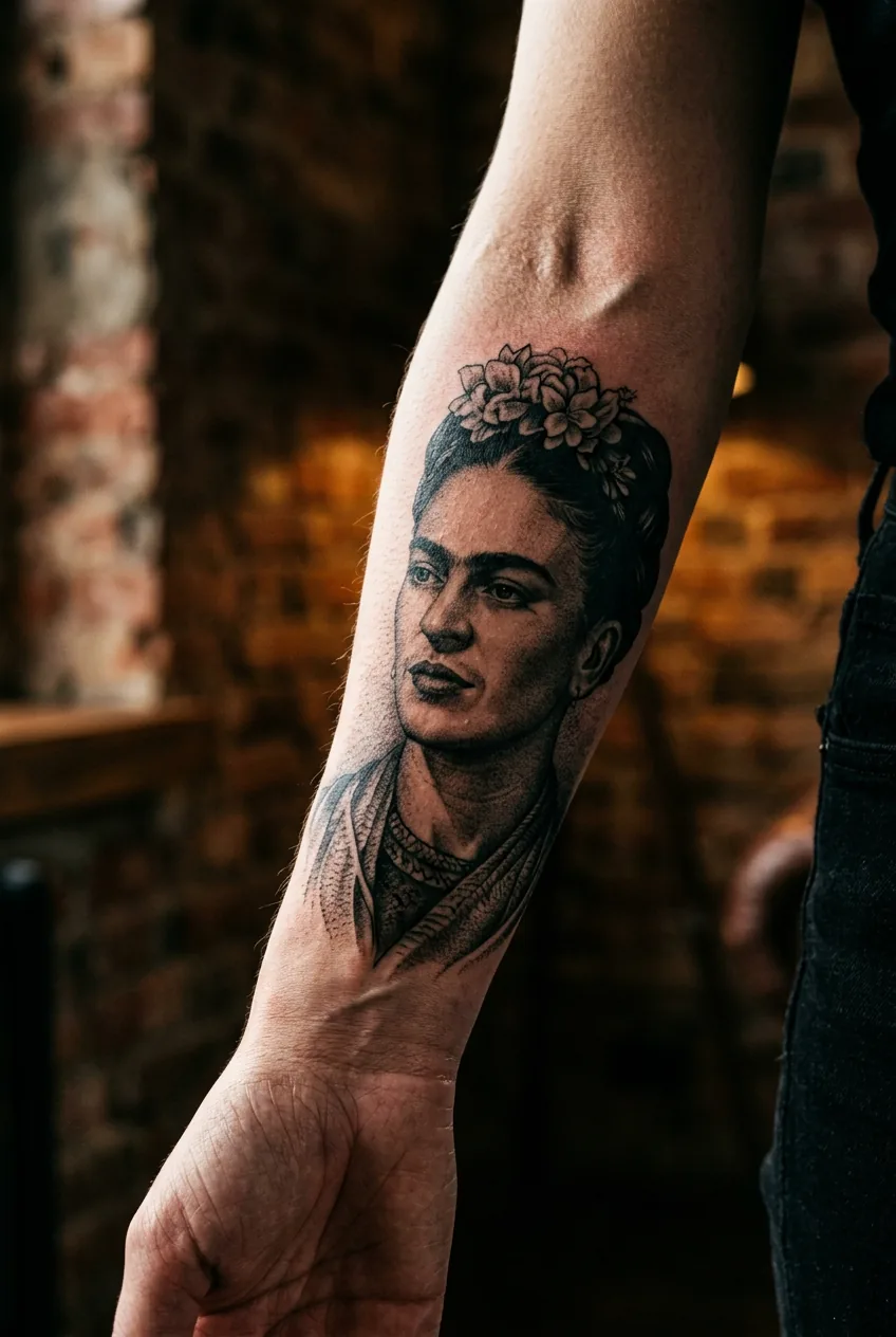 Extreme close-up of a black and grey realism portrait tattoo on a woman's forearm showing precise hair and skin texture detail