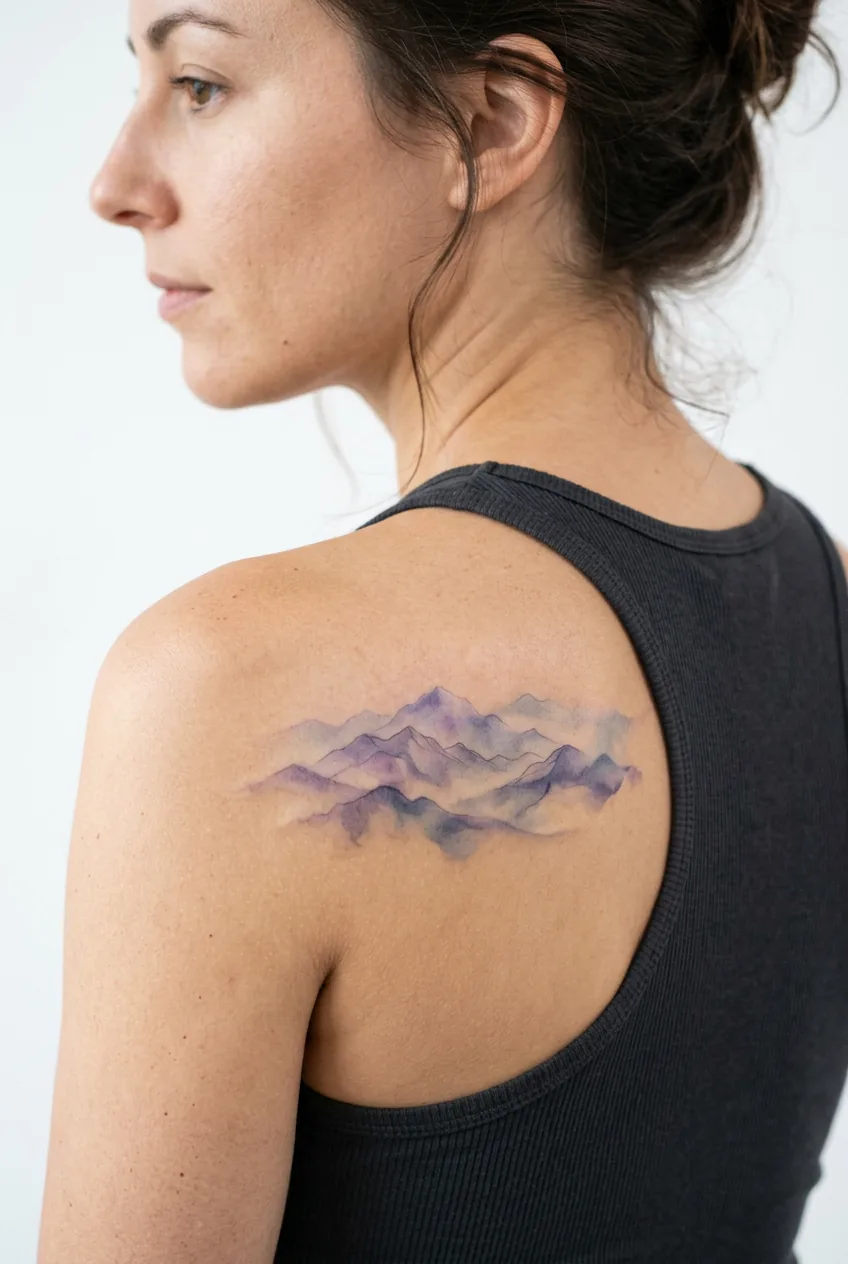 Woman's upper arm with soft periwinkle and coral cloud-wash pastel tattoo photographed on white seamless backdrop