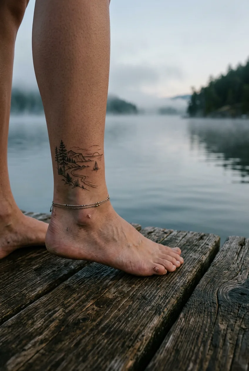 Close-up of a fine-line coastal landscape tattoo on a woman's ankle near still water in early morning mist