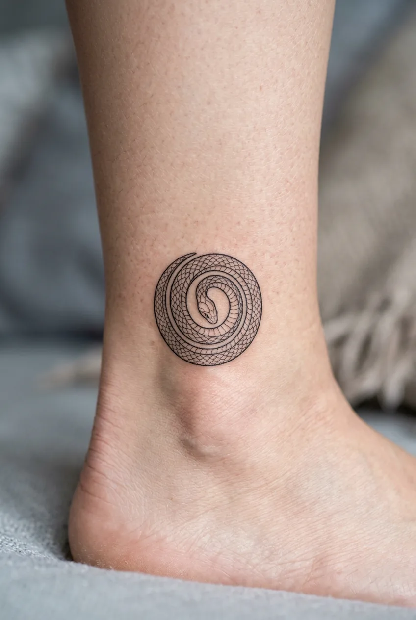 Close-up of a fine line coiled snake tattoo on a woman's ankle fitting within a coin-sized area