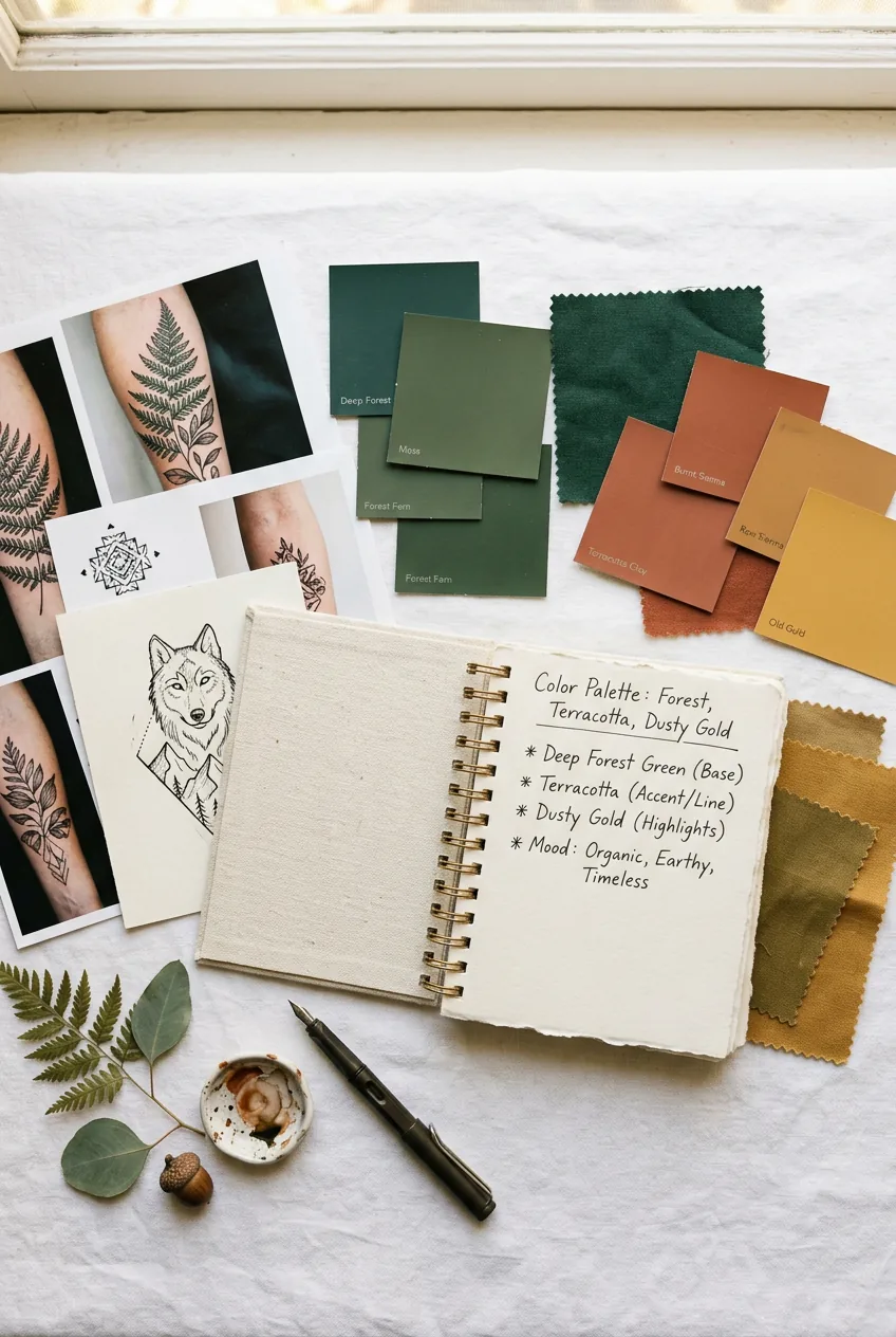 Flat lay of color swatches in forest green terracotta and dusty gold beside handwritten palette notes and tattoo references