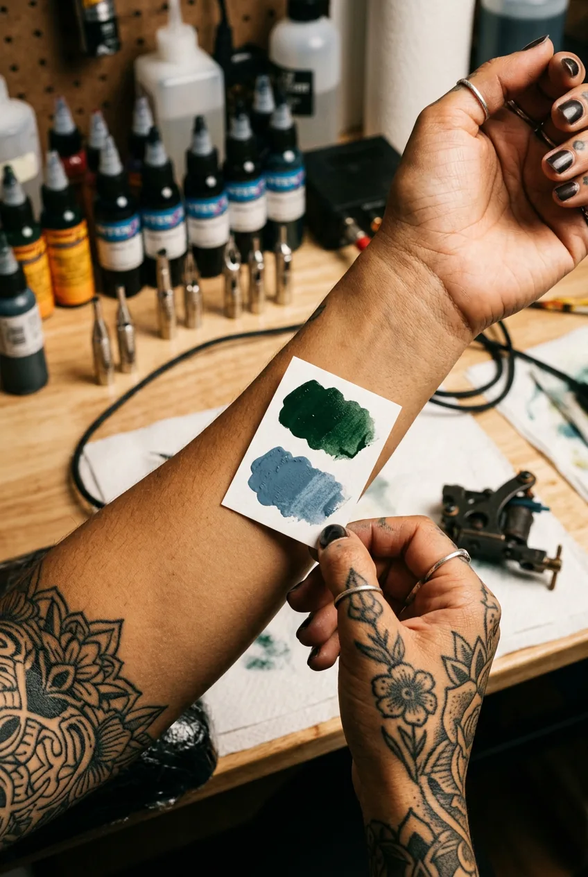 Close-up of tattooed woman's hand holding colour swatches against warm olive forearm skin comparing forest green and dusty blue