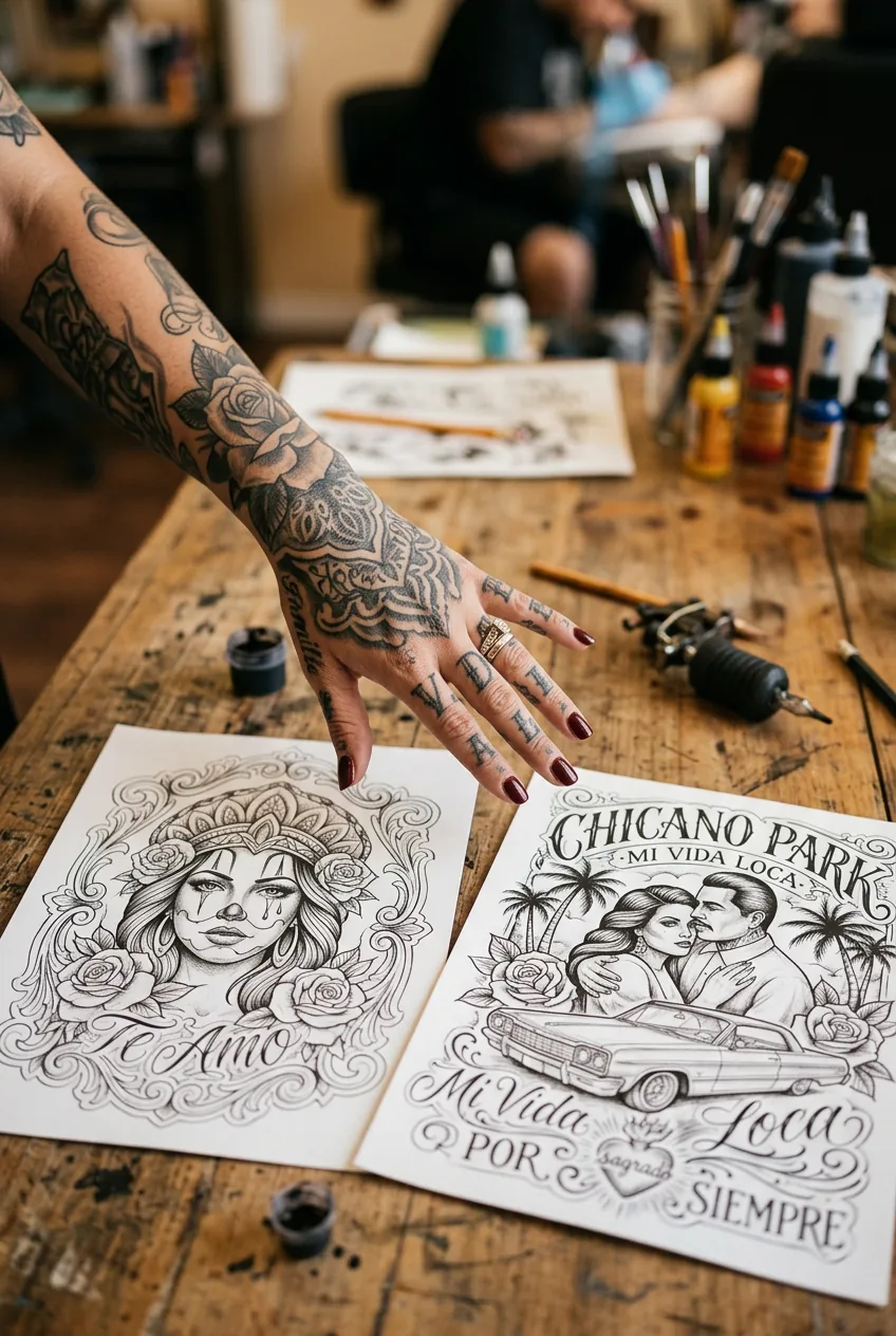 Tattooed woman's hand comparing two chicano tattoo composition styles laid flat on a studio table under shallow focus