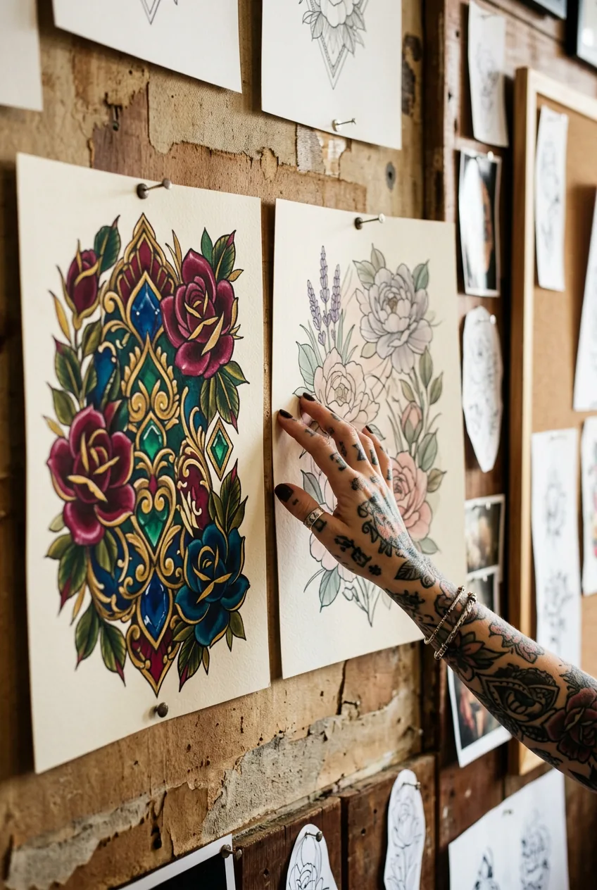 Tattooed hand selecting between two flash art sheets featuring jewel-tone and pastel neo-traditional floral designs on a studio wall