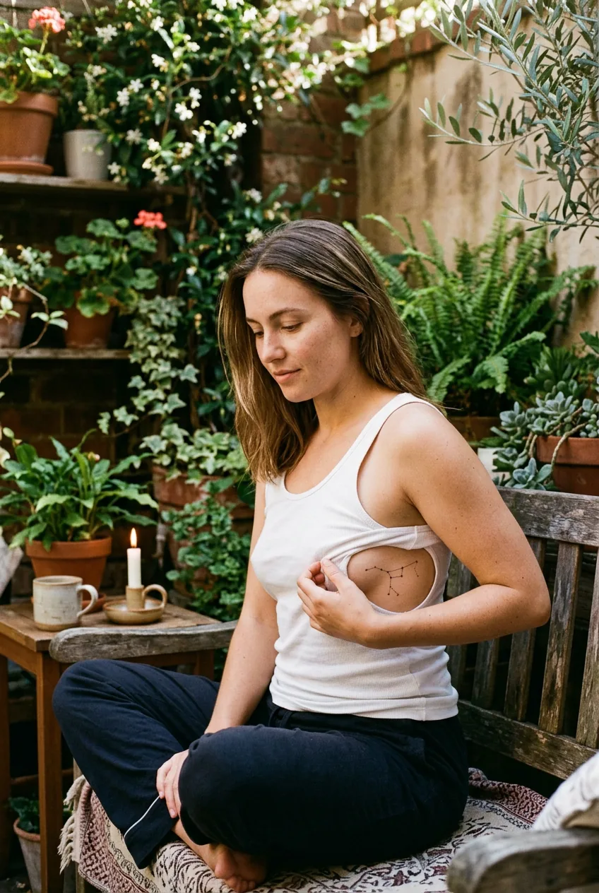 Woman with a fine-line constellation tattoo on her ribcage in warm candlelight wearing a white cotton tank