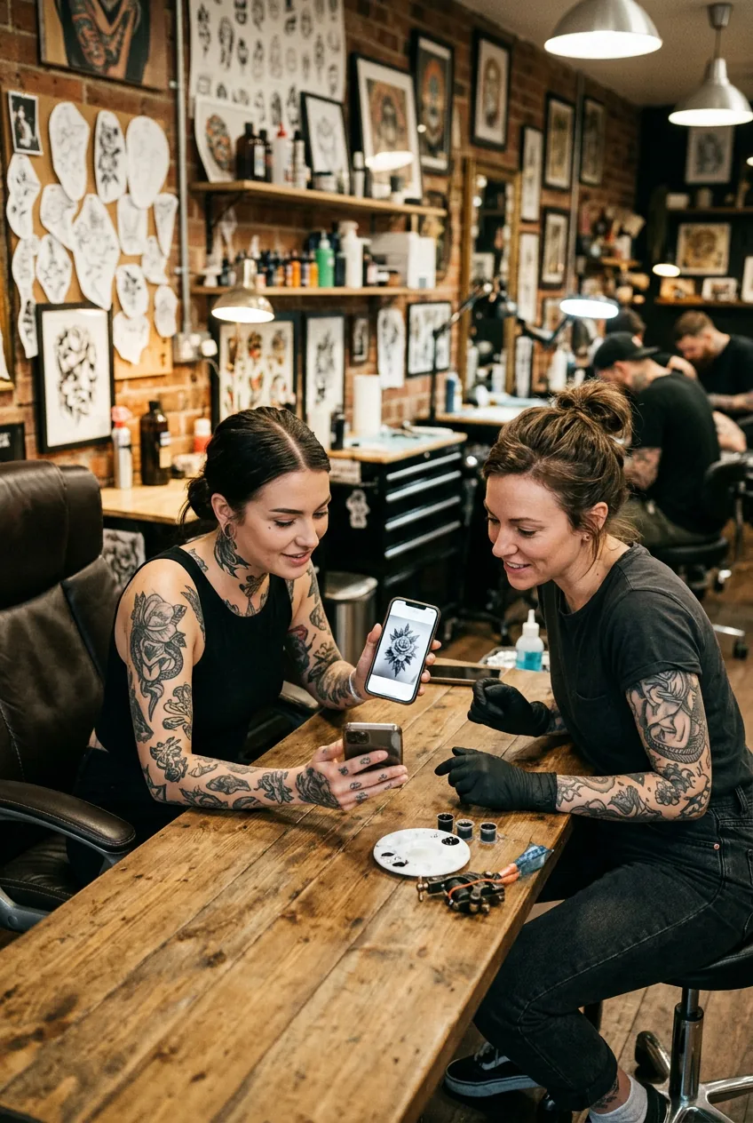 Woman showing phone reference image to gloved tattoo artist during seated consultation at studio table