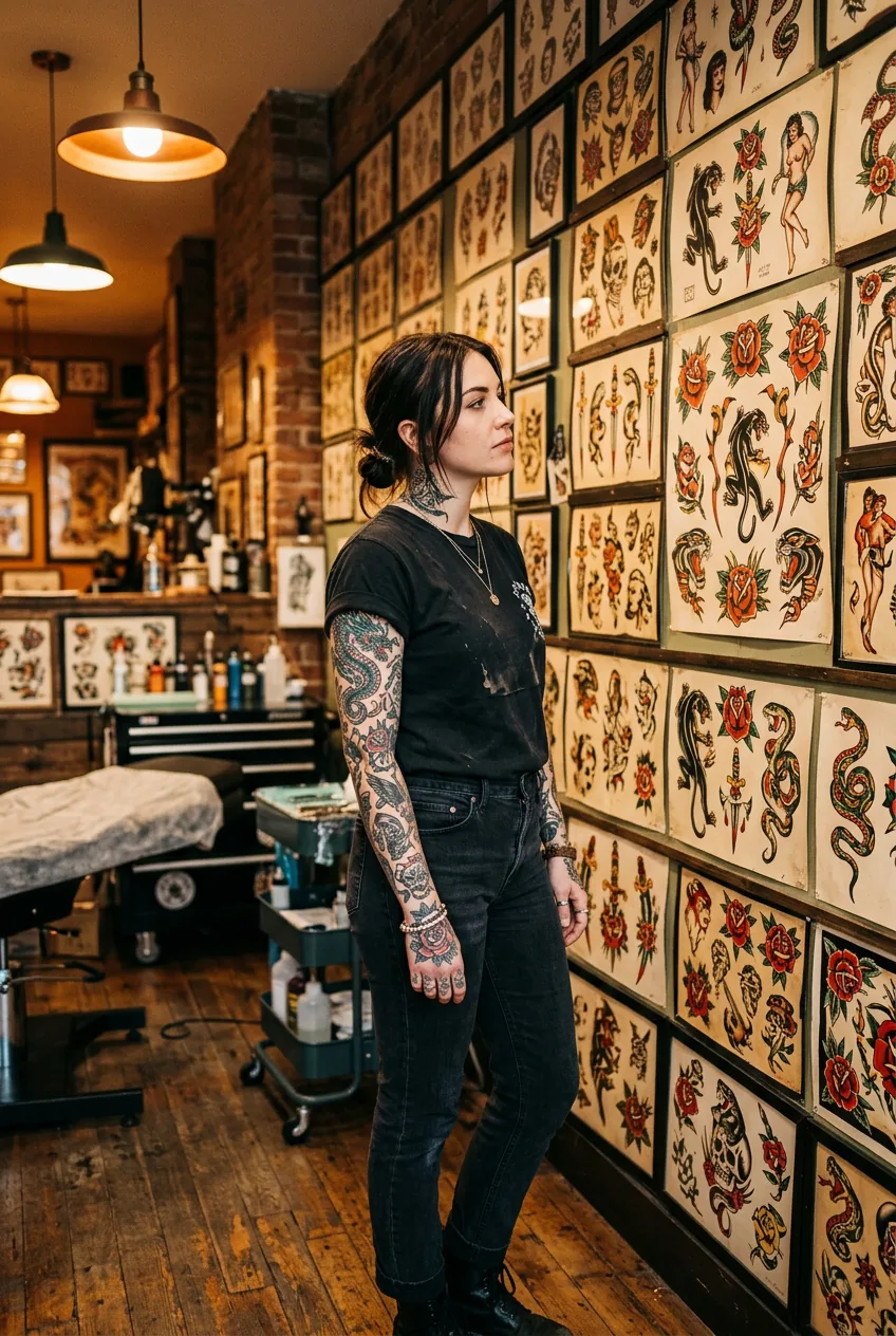 Woman gazing thoughtfully at flash art wall before her tattoo session in warm amber light