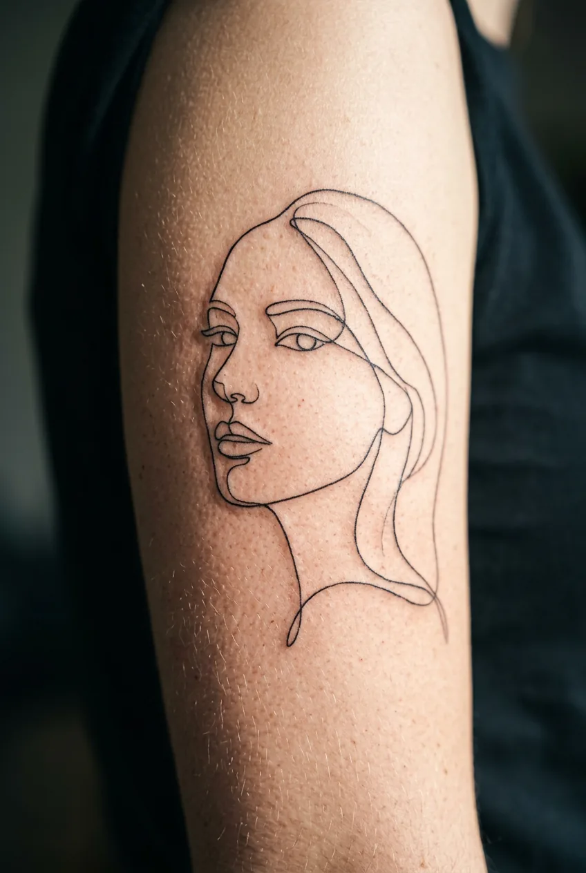 Extreme macro of a continuous single-line minimalist portrait tattoo on a woman's outer upper arm with skin texture detail