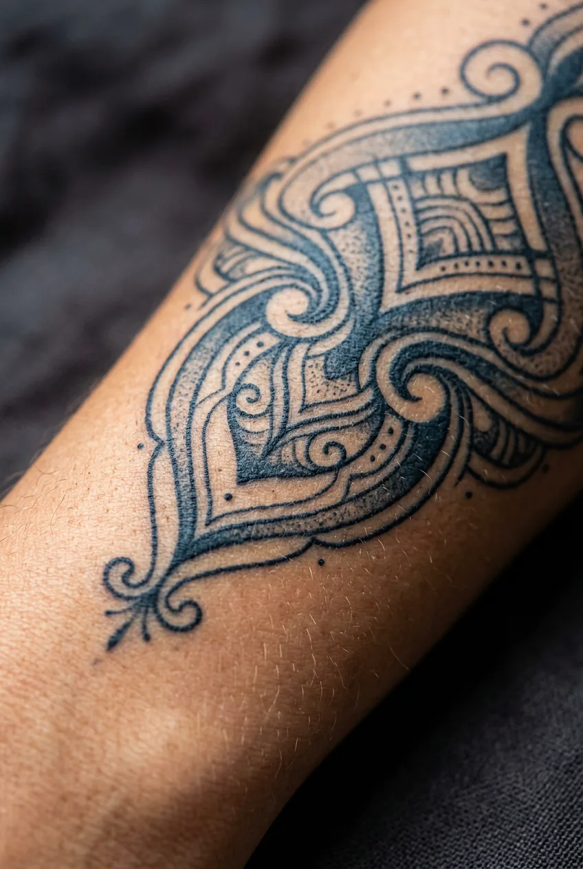 Extreme close-up of cool blue-black ink tattoo on a woman's forearm with micro-shadow detail along fine lines