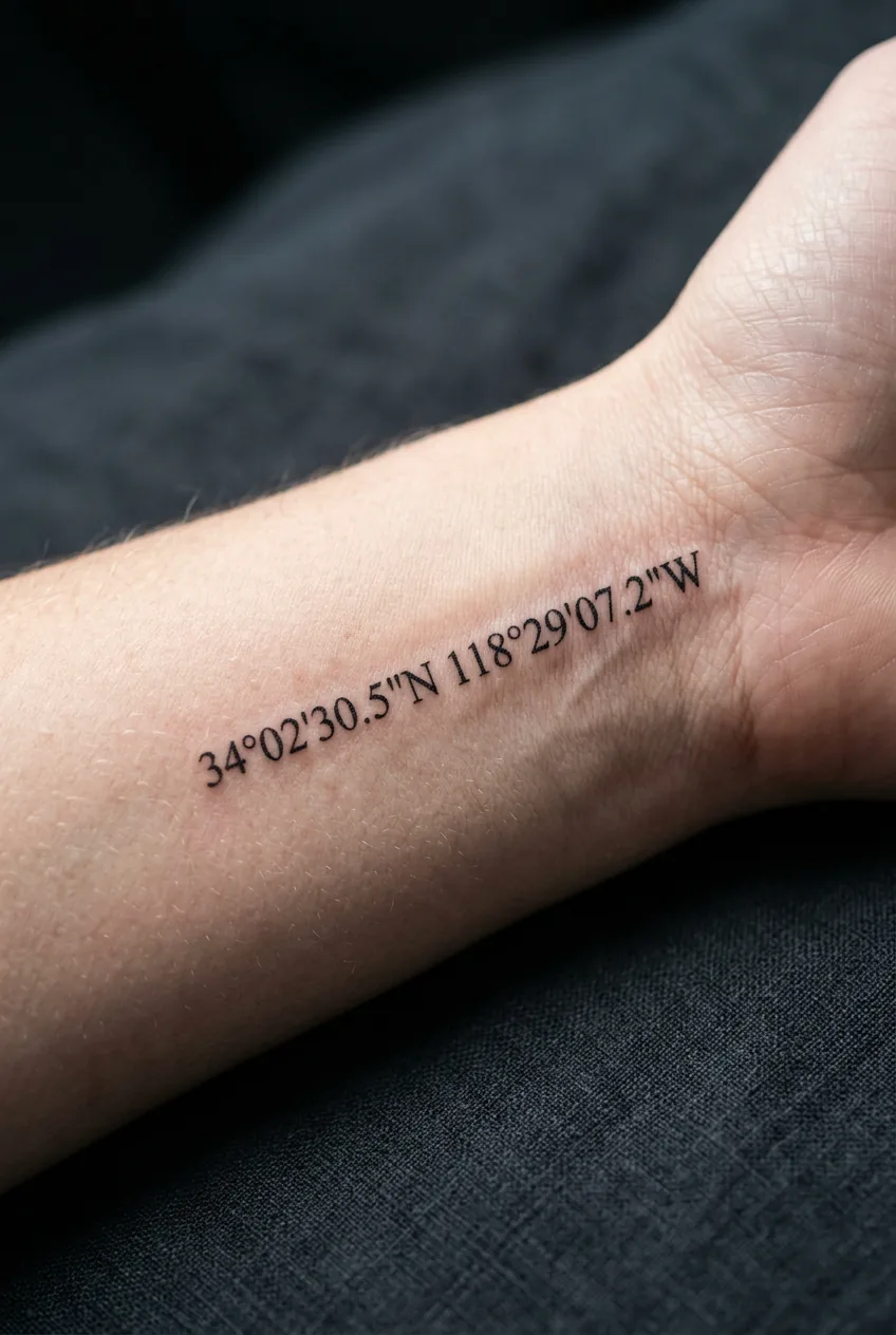Extreme close-up of GPS coordinate numbers in fine serif font tattooed on a woman's inner wrist