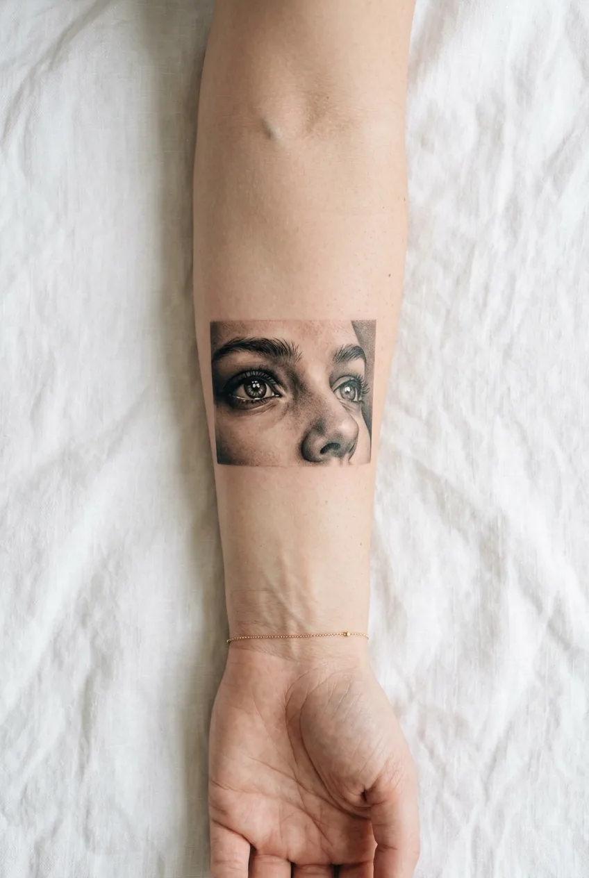 Overhead close-up of a woman's inner wrist and arm showing a cropped portrait fragment tattoo of eyes and nose bridge in black and grey realism
