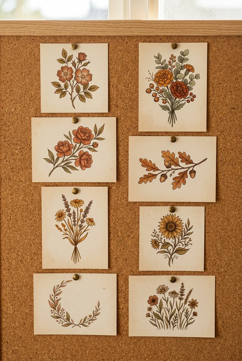 Curated corkboard mood board showing eight warm-toned floral tattoo references organized into two clear columns