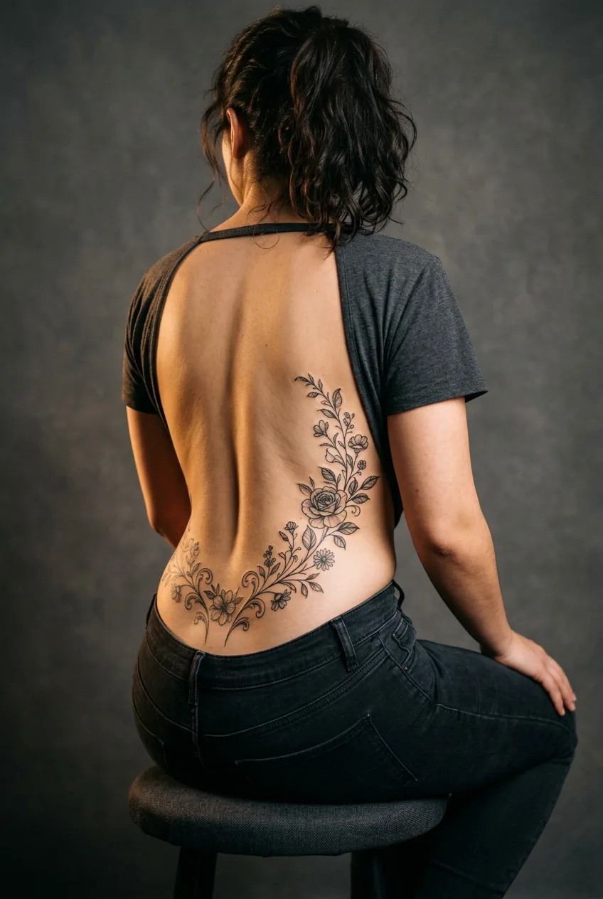 Curvy woman's lower back showing a flowing arched floral tattoo following the natural lumbar curve in studio setting