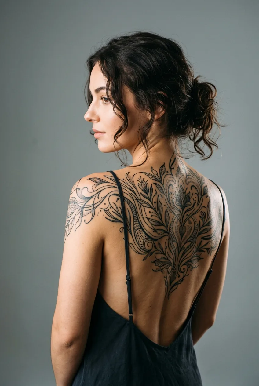 Woman with flowing blackwork illustrative tattoo across upper back, organic shapes visible in rim lighting against grey background