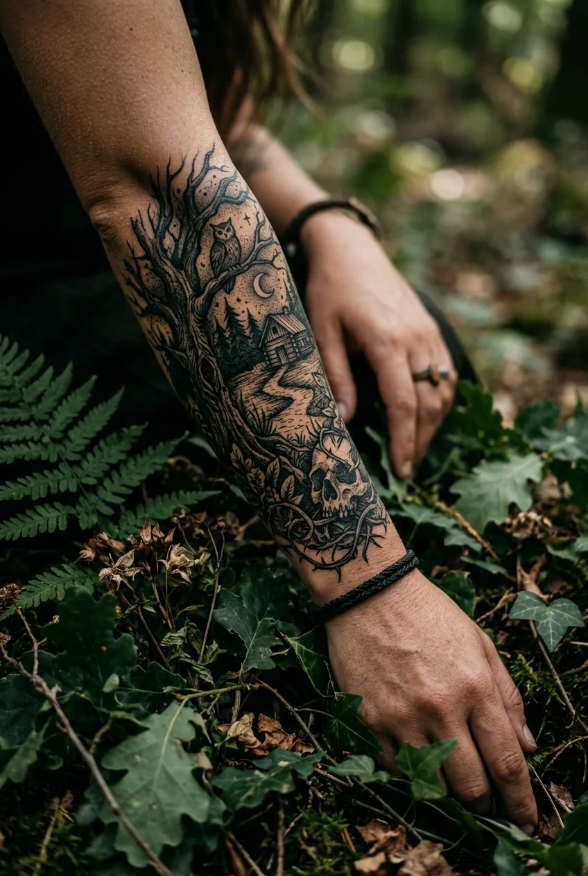 Woman's forearm with dense dark ink cross-hatching narrative tattoo resting among dark green leaves in moody light