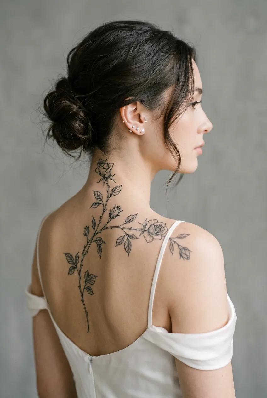 Woman with delicate trailing rose vine fine line tattoo from nape curving down upper back in bridal-soft studio shot