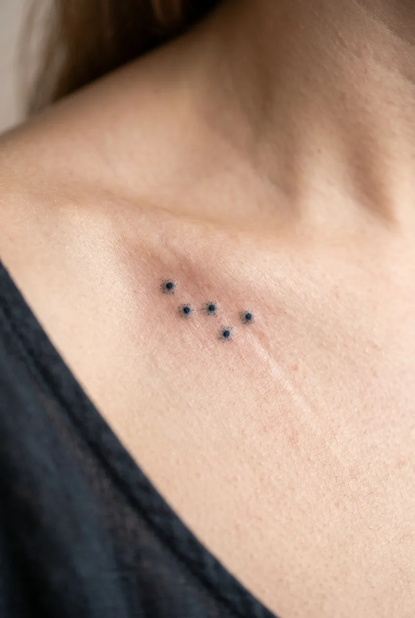 Ultra-close view of a tiny dot cluster constellation tattoo on a woman's collarbone with individual ink dots visible