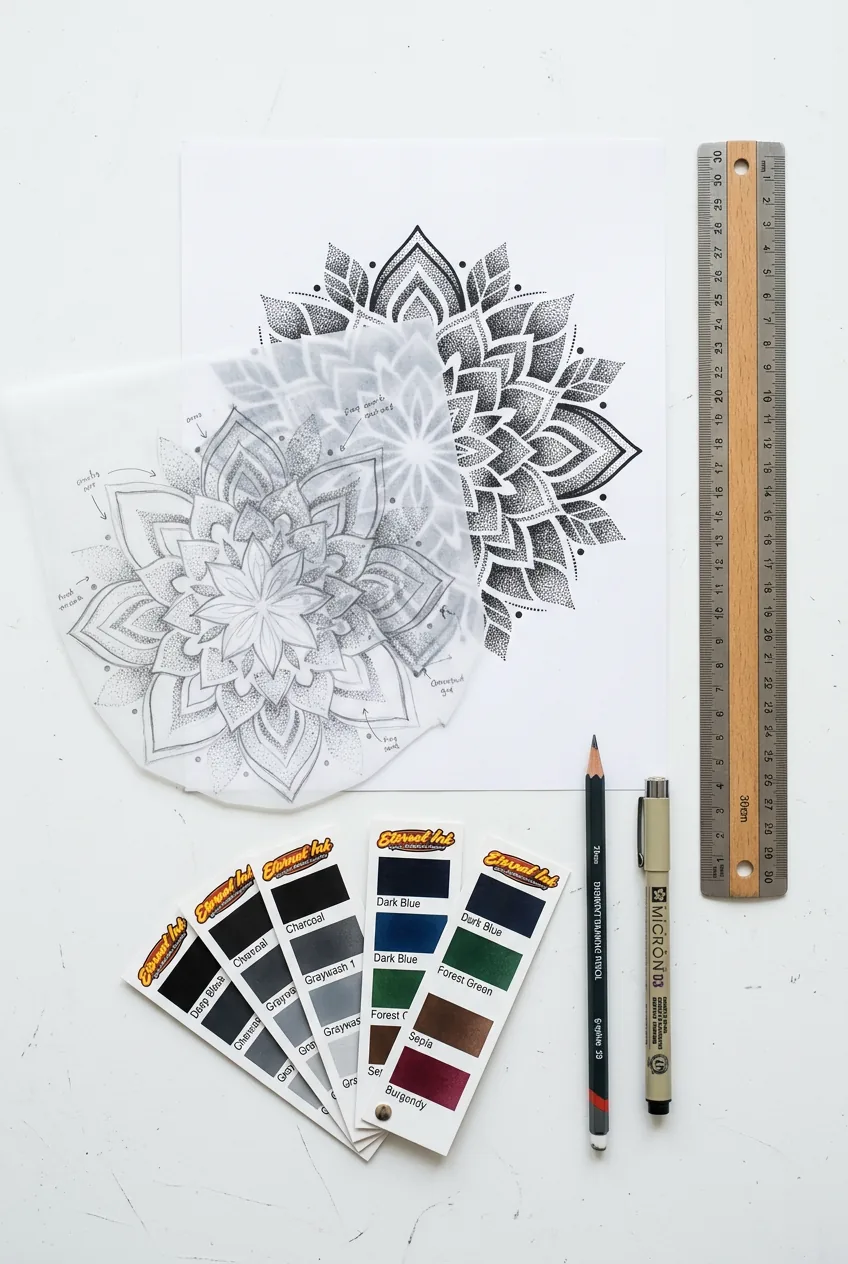 Flat lay of tattoo consultation table with dotwork design reference sheet, pencil sketches, ruler, and swatches under bright studio light