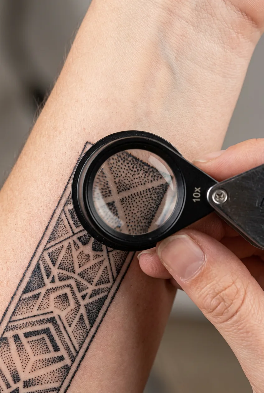 Extreme close-up of dotwork tattoo border viewed through magnifying loupe showing precise individual dot placement and crisp geometric line edge