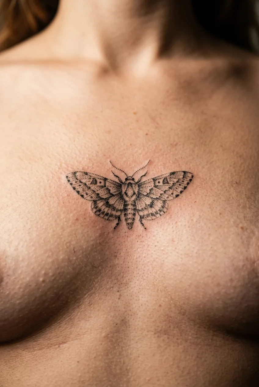 Close-up macro photograph of a small dotwork moth tattoo on a woman's sternum showing stippled ink dot patterns