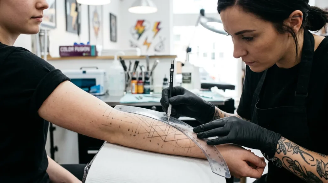 Tattoo artist using flexible ruler to plan geometric dotwork lines on a woman's forearm with pencil marks visible under bright studio light