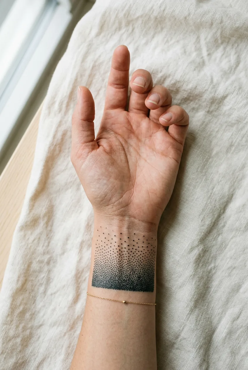 Overhead view of a woman's inner wrist with a dotwork gradient tattoo showing dot density transition from dense black to isolated single dots