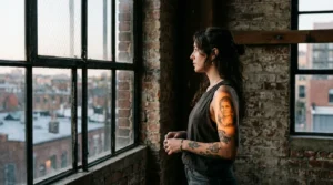 Woman with an older blurry portrait tattoo on her upper arm photographed in moody side lighting at an industrial loft window