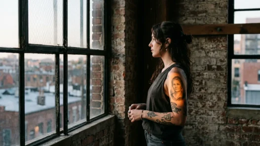 Woman with an older blurry portrait tattoo on her upper arm photographed in moody side lighting at an industrial loft window