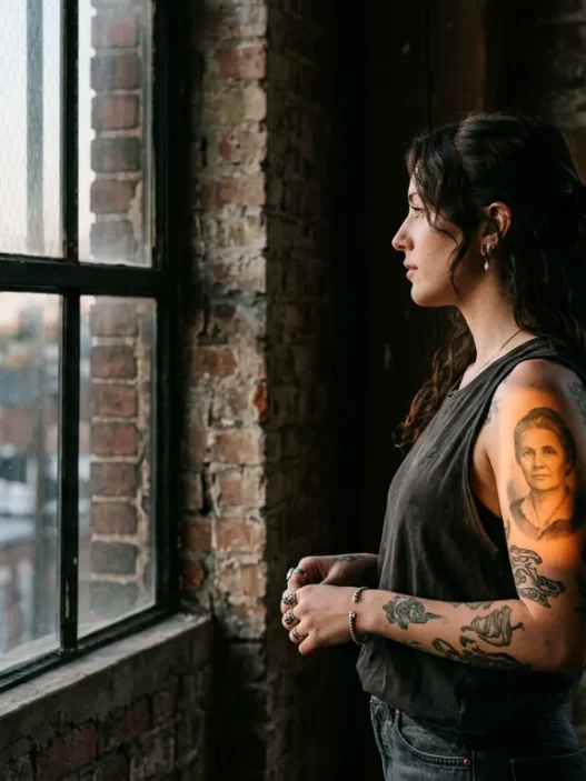 Woman with an older blurry portrait tattoo on her upper arm photographed in moody side lighting at an industrial loft window