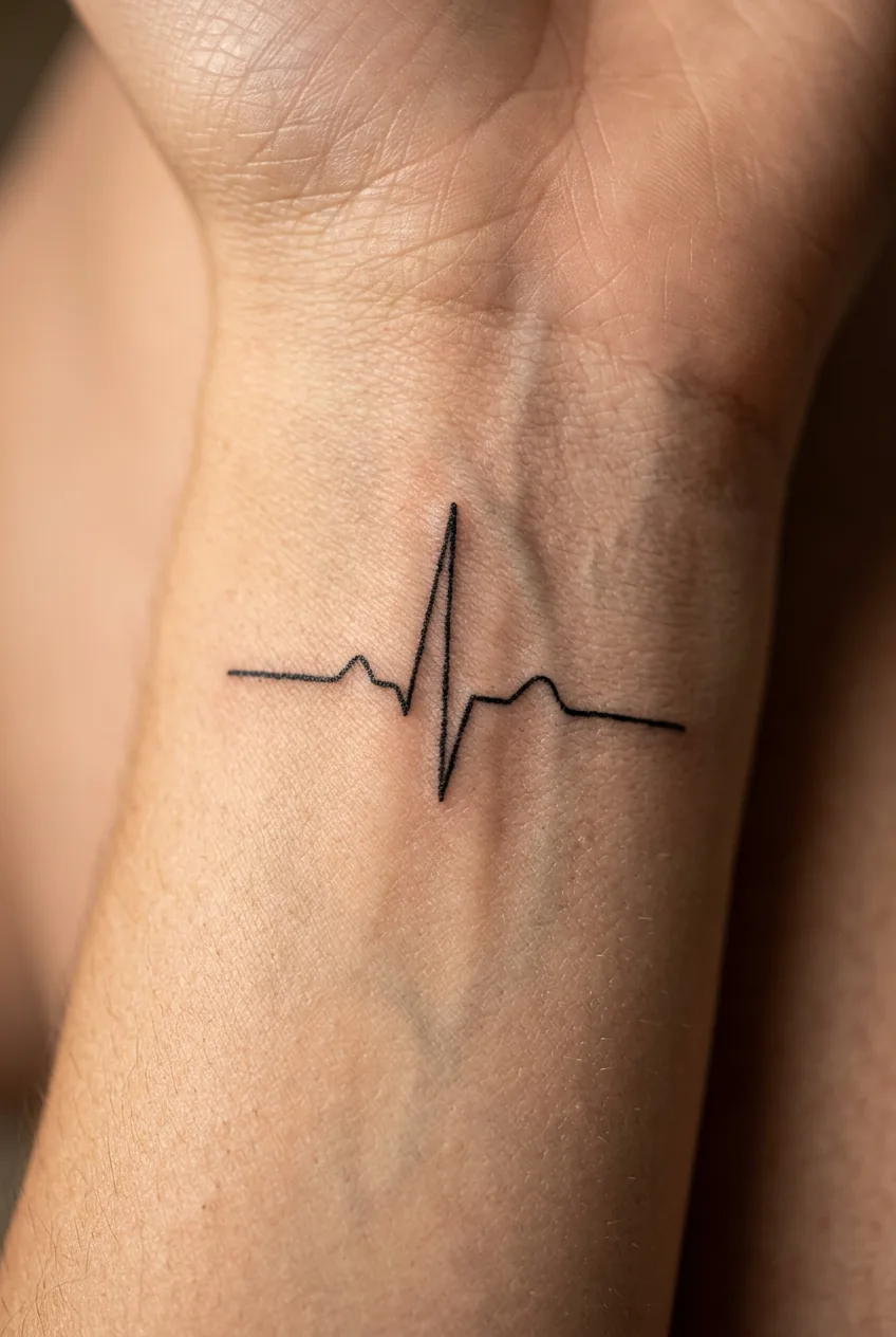 Macro photograph of a single ECG heartbeat spike line tattoo on a woman