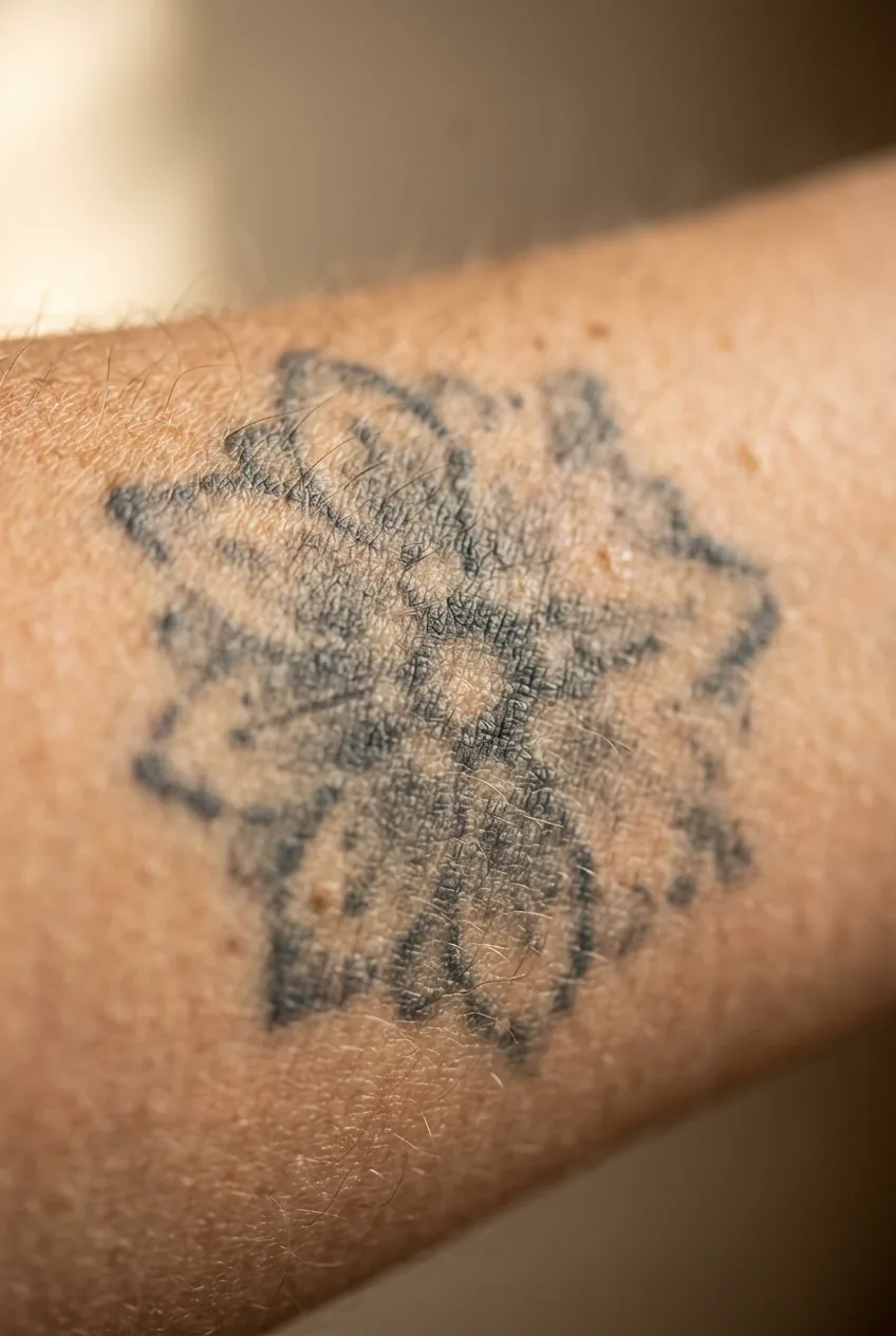Macro photography of intentionally aged faded grey tattoo on a woman's forearm with blurred soft edges
