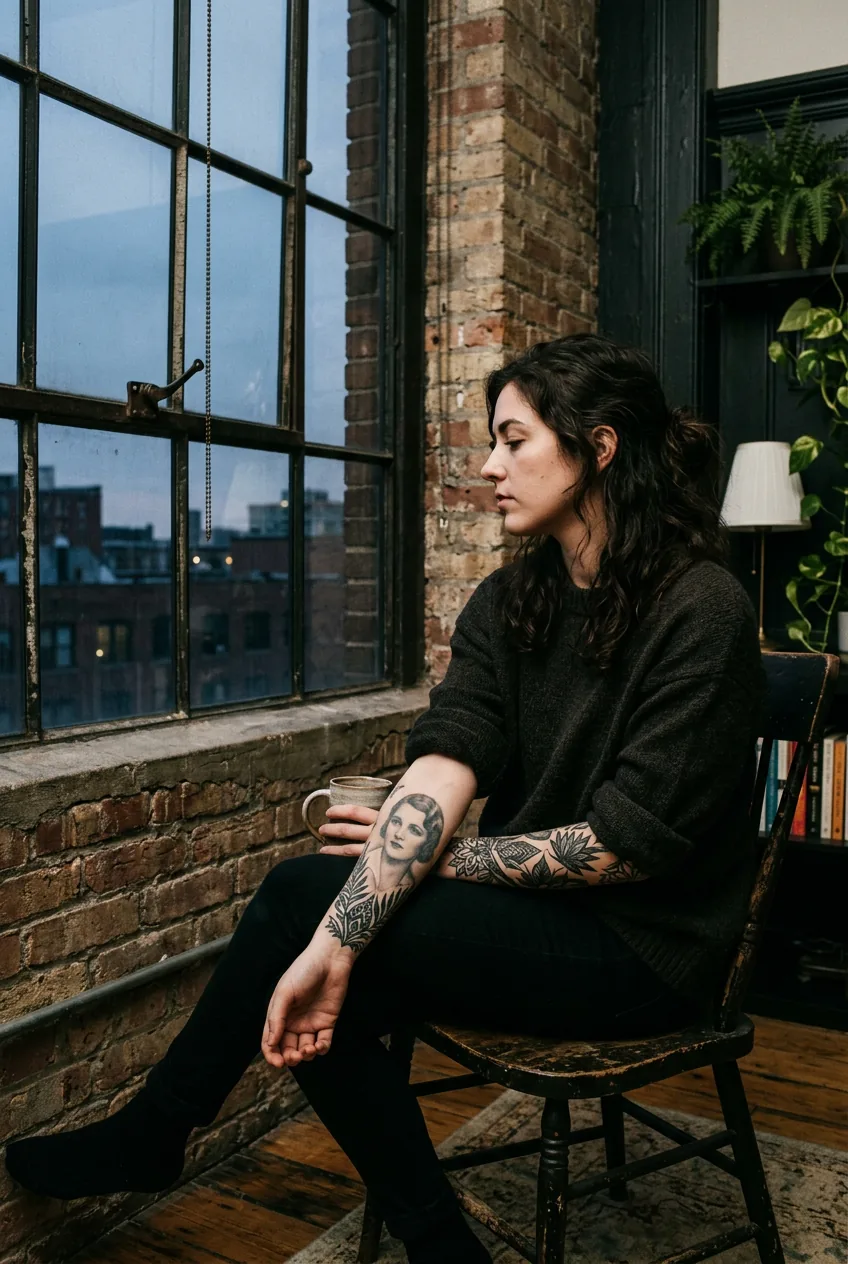 Woman in side light showing a faded older portrait tattoo surrounded by newer ink work on her forearm near a loft window