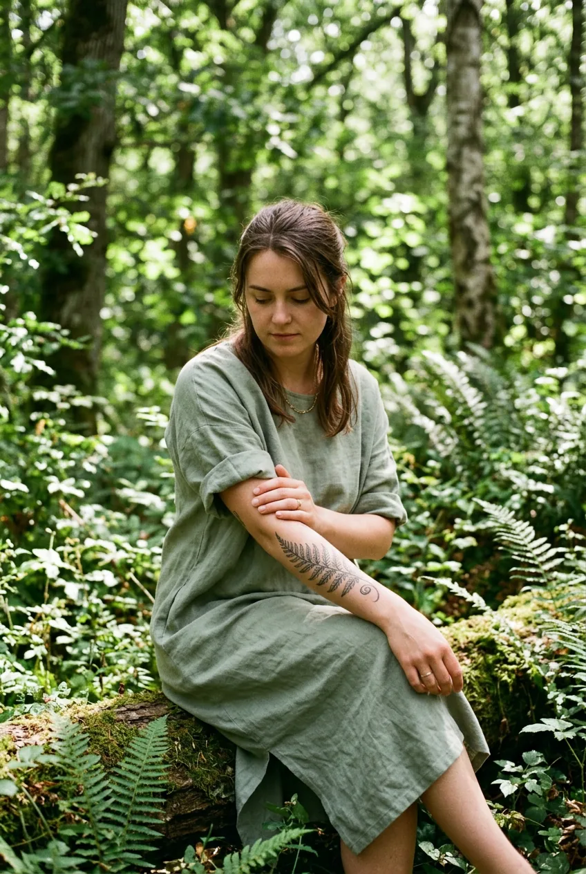 Woman in sage linen dress looking at a delicate fern unfurling tattoo on her forearm in dappled forest light