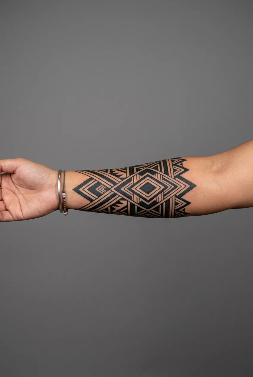 Woman's outstretched forearm displaying a bold Filipino batok geometric band tattoo with stacked diamond forms