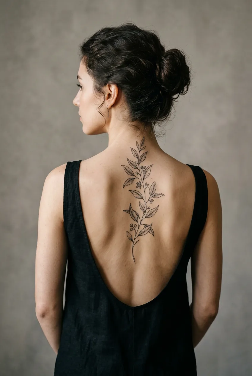 Woman with delicate fine line eucalyptus botanical tattoo trailing along the upper spine, low-cut top in grey studio