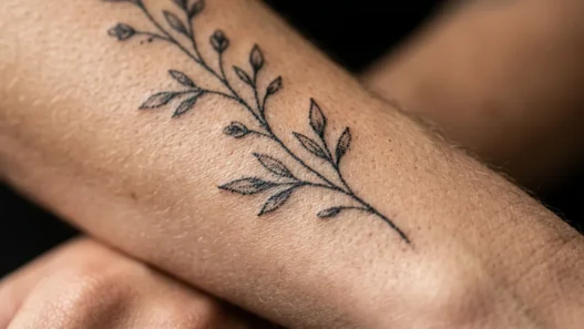 Extreme macro view of delicate fine line botanical stem tattoo on a woman's forearm with ink pigment visible in skin texture