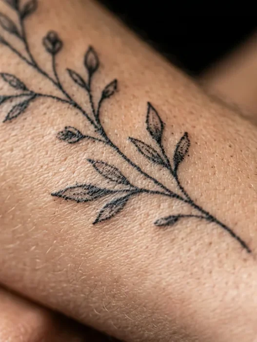 Extreme macro view of delicate fine line botanical stem tattoo on a woman's forearm with ink pigment visible in skin texture