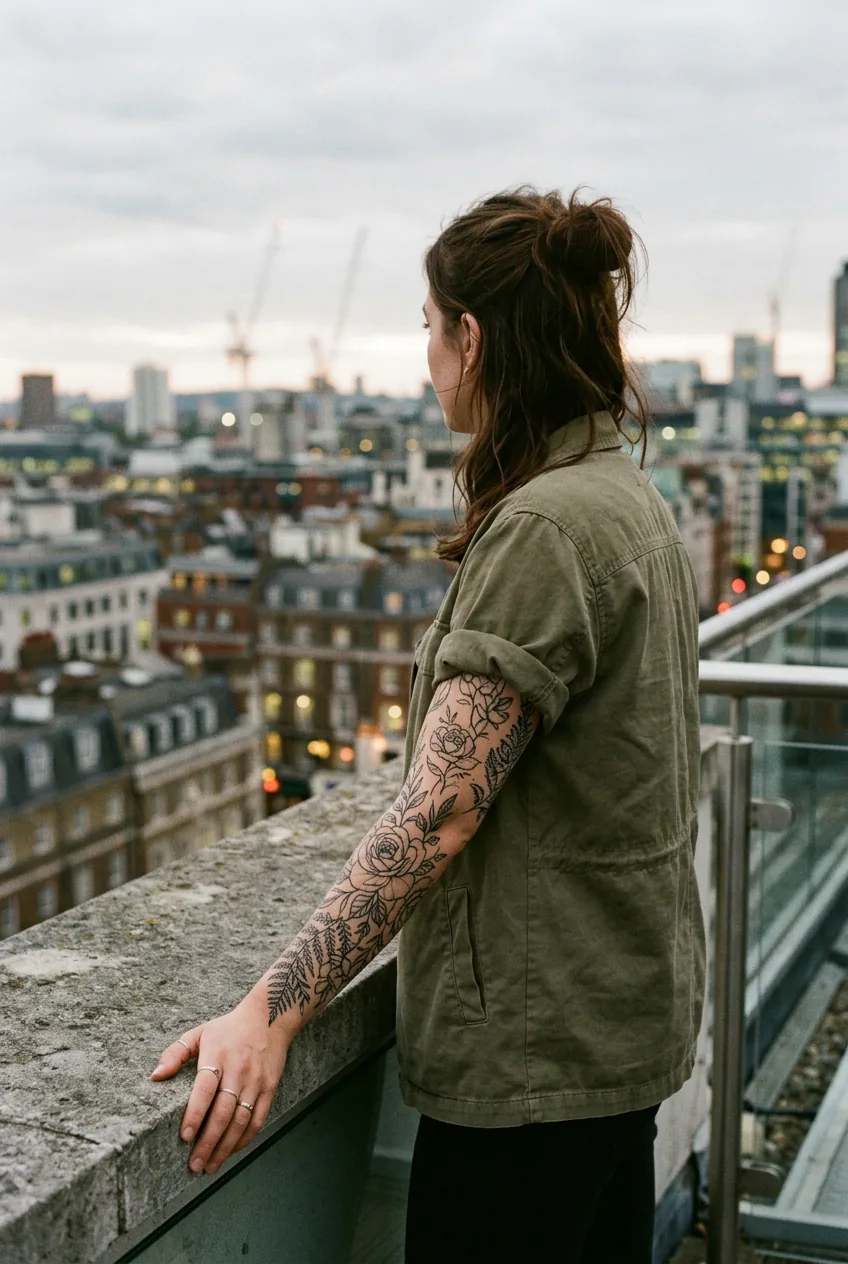 Woman's forearm with a fine line floral medium tattoo visible against a hazy urban backdrop in soft overcast daylight