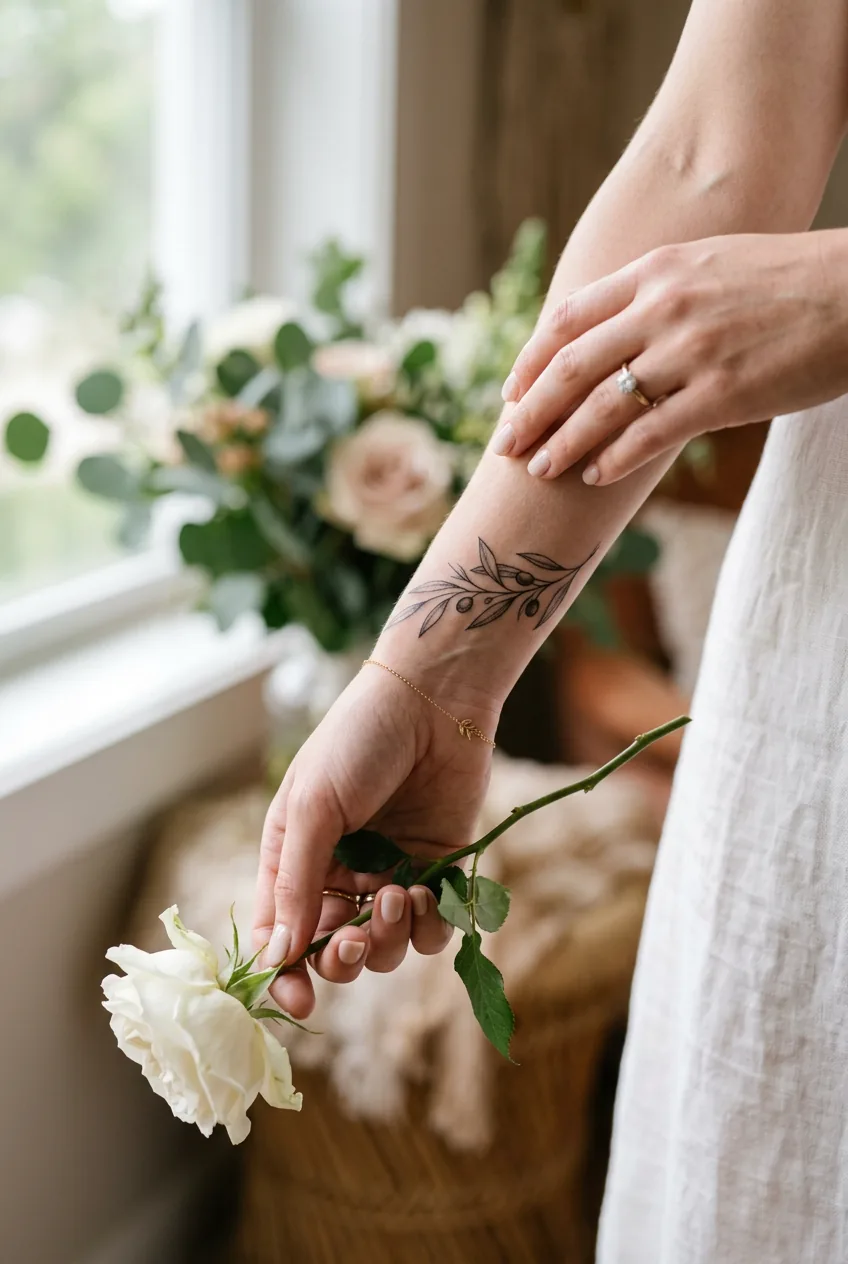 Close-up of a woman's wrist with a delicate olive branch tattoo beside a small white rose in natural light