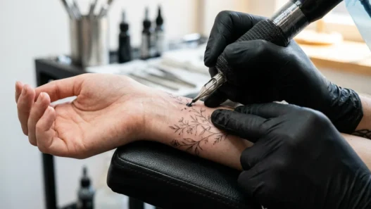 Close-up of tattoo needle creating fine lines on woman's wrist with bright studio lighting