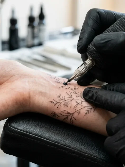 Close-up of tattoo needle creating fine lines on woman's wrist with bright studio lighting