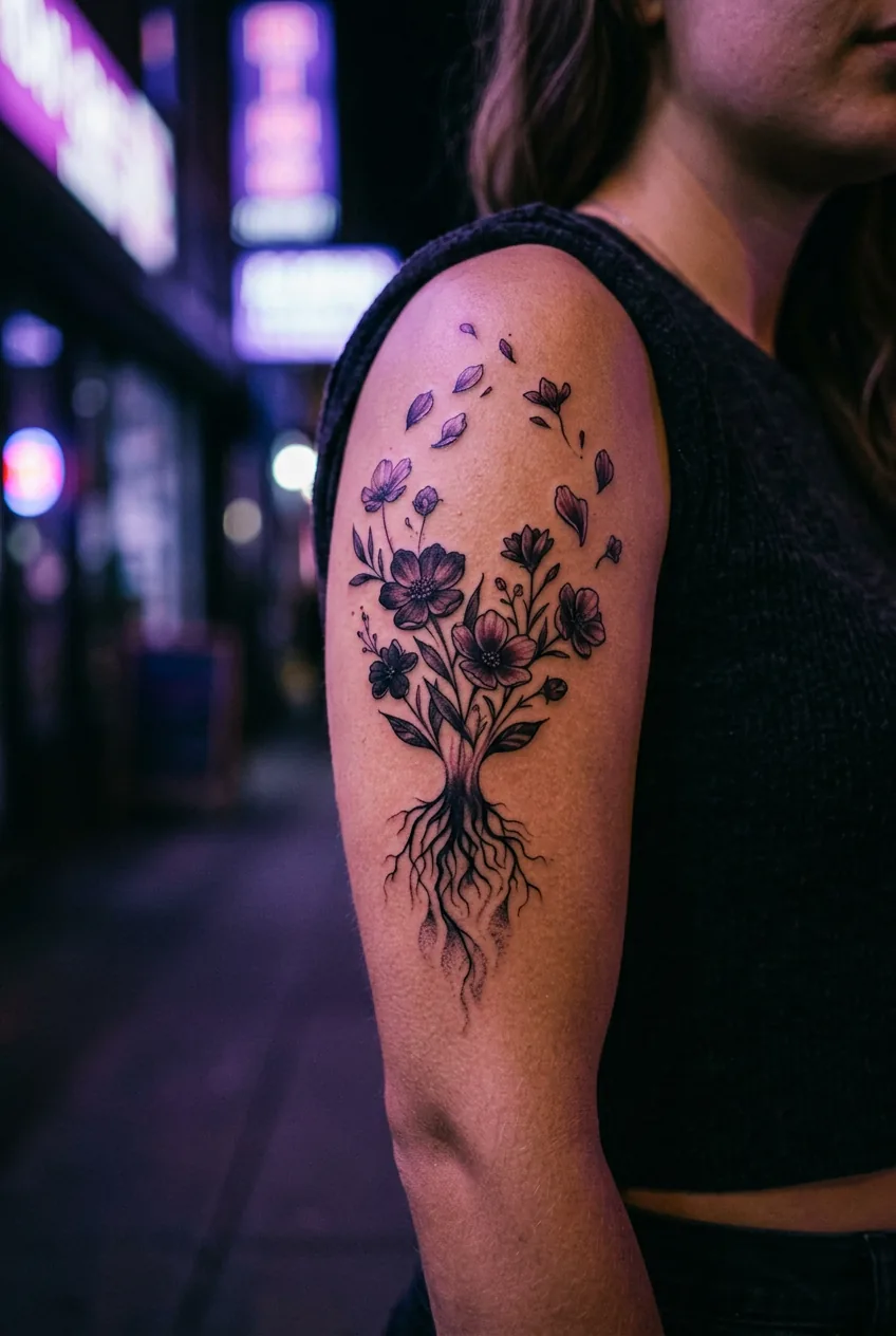 Floating botanical tattoo on woman's upper arm with flowers and gravity-defying petals under purple neon light