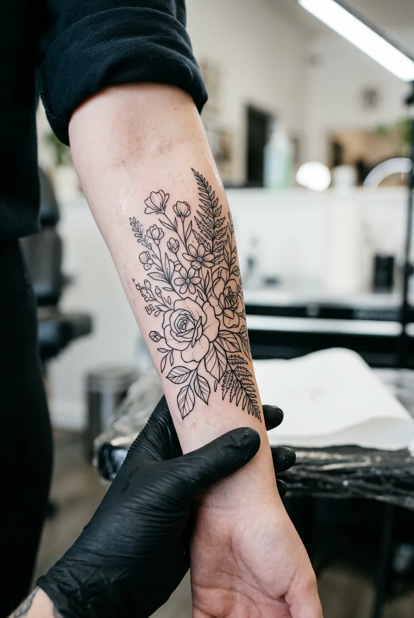 Clean floral tattoo stencil applied to a woman's inner forearm with artist's gloved hand steadying the arm under studio light