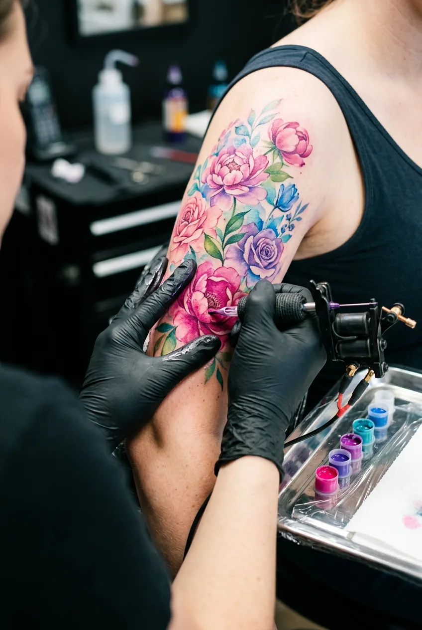 Gloved tattoo artist adding pink and violet watercolor washes to a floral design on a woman's upper arm