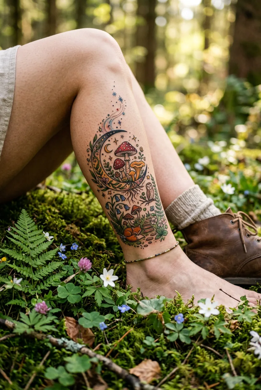 Woman's ankle and calf showing whimsical folklore illustrative tattoo with mushrooms and moon motifs among wildflowers and moss