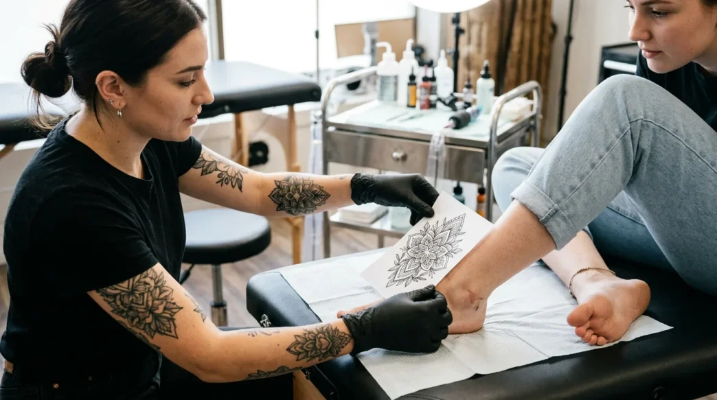 Tattoo artist holding printed reference design against a woman's foot and ankle to check size proportion in bright studio lighting