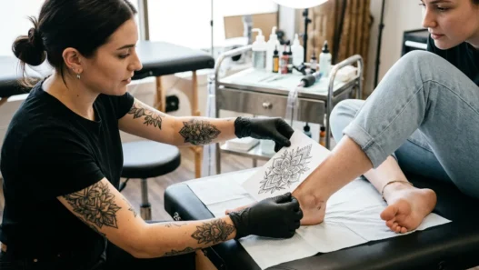 Tattoo artist holding printed reference design against a woman's foot and ankle to check size proportion in bright studio lighting