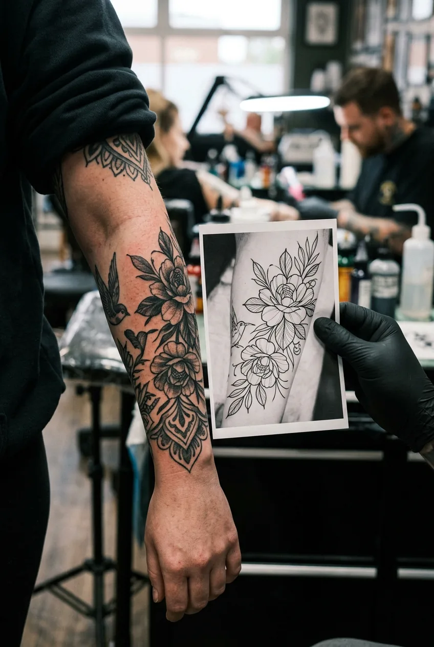 Close-up of woman holding forearm next to printed reference photograph comparing tattoo line detail in studio lighting