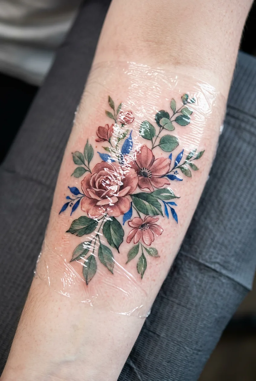 Freshly completed botanical watercolor tattoo wrapped in cling film under studio overhead lighting