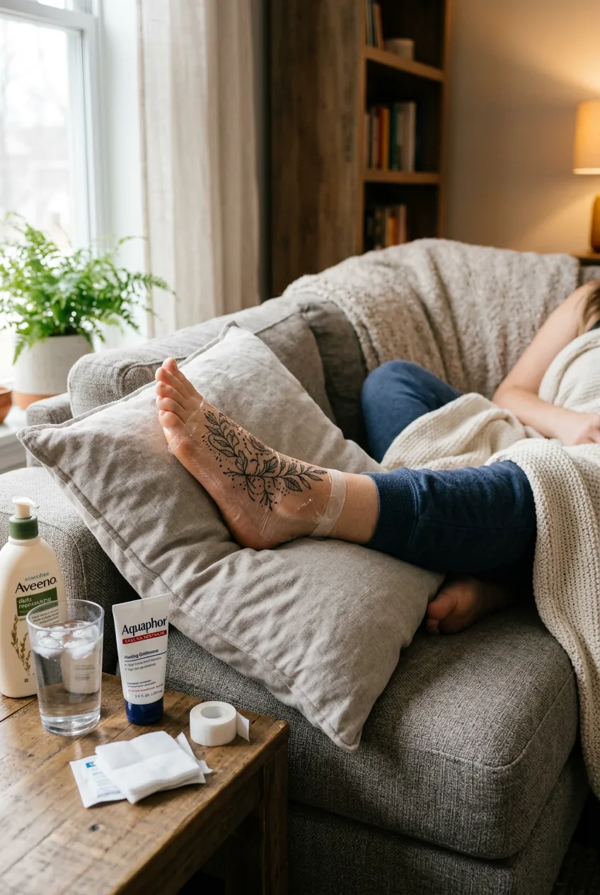 Woman's freshly tattooed foot elevated on a pillow at home with water and aftercare products visible on side table